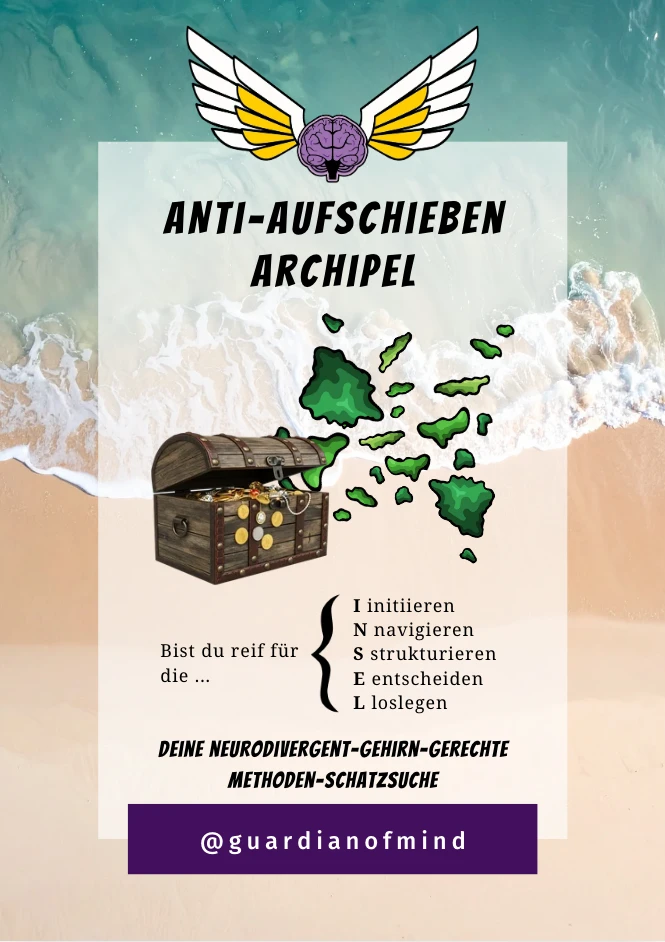Anti-Aufschieben-Archipel: Inselgruppe und Schatztruhe am Strand. Bist du reif für die INSEL? Initiieren, navigieren, strukturieren, entscheiden, loslegen.