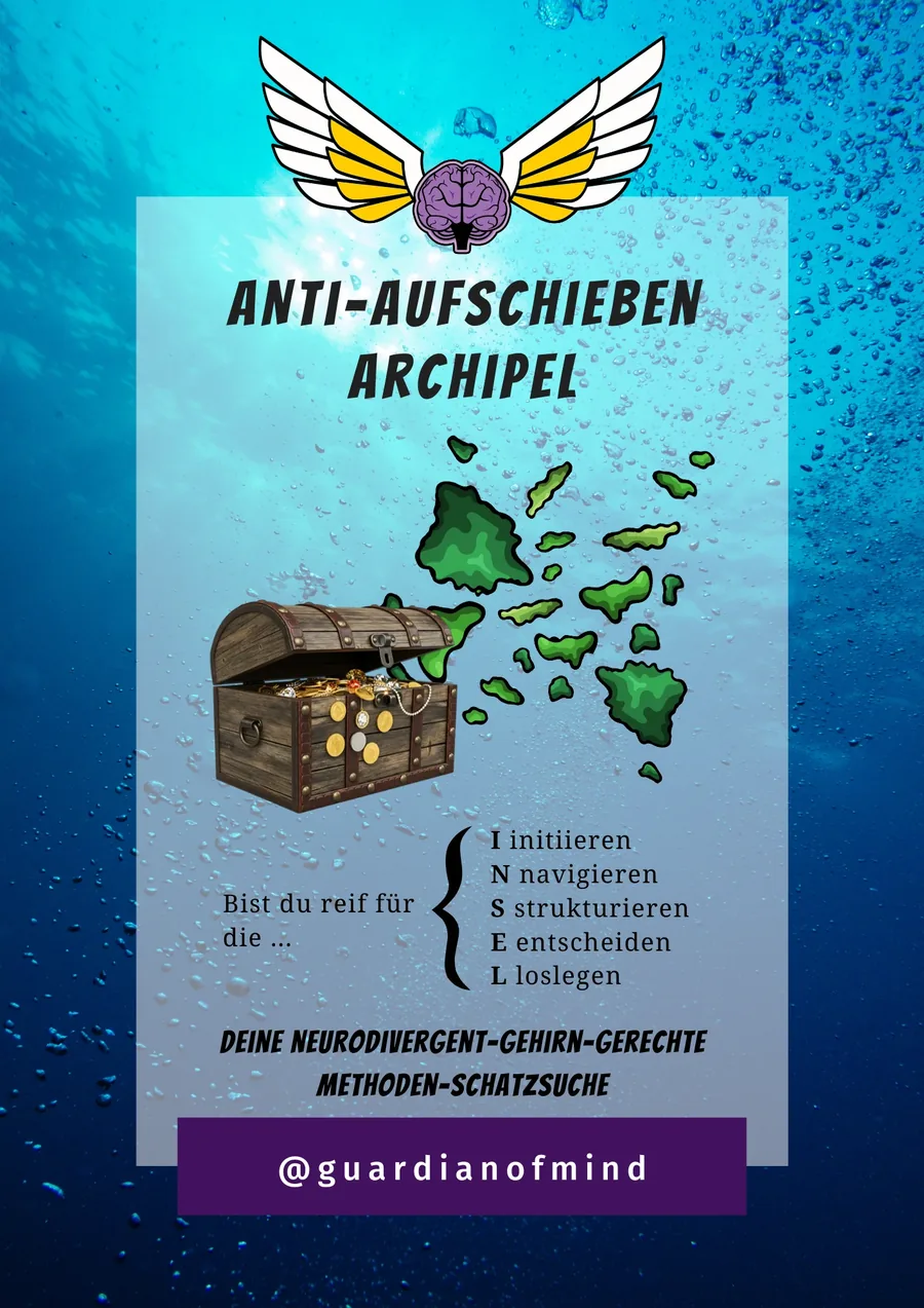 Anti-Aufschieben-Archipel: Inselgruppe und Schatztruhe unter Wasser. Bist du reif für die INSEL? Initiieren, navigieren, strukturieren, entscheiden, loslegen.